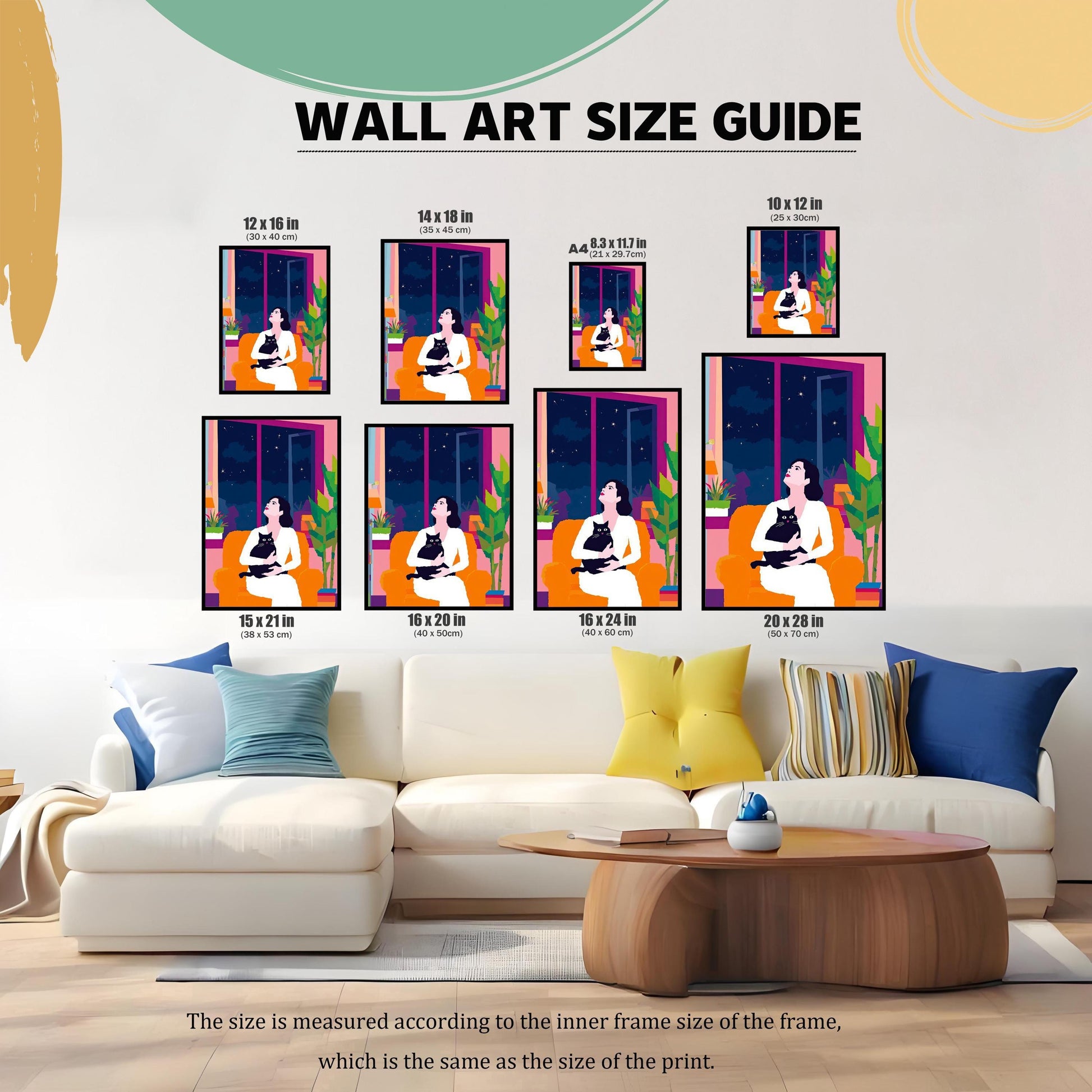 A 'Wall Art Size Guide' showcasing various dimensions (12x16, 14x18, A4, 10x12, 15x21, 16x20, 16x24, 20x28 inches) of the woman and black cat illustration. The guide helps customers visualize the different sizes in a modern living room setting.