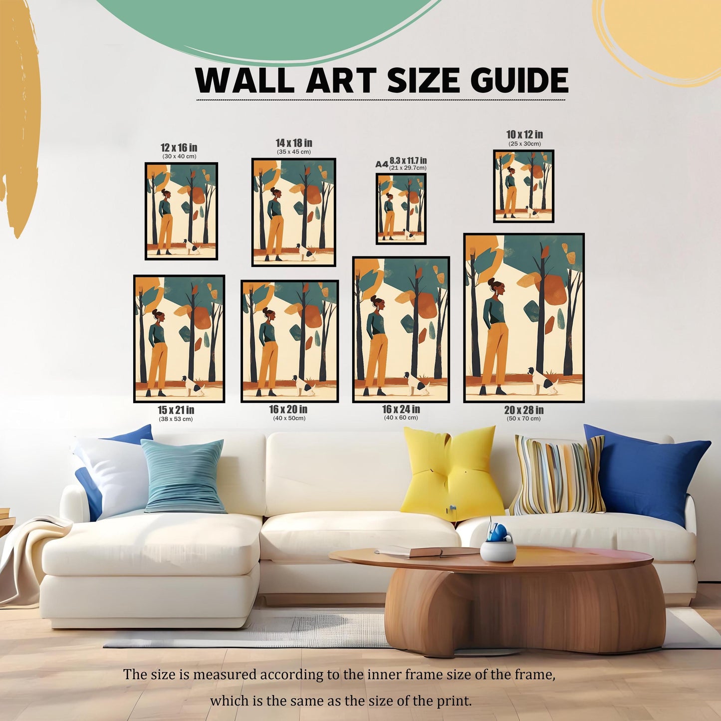 A wall art size guide showing seven different framed prints of a woman and a dog in a park, with sizes ranging from 10x12 inches to 20x28 inches, arranged above a white sofa.