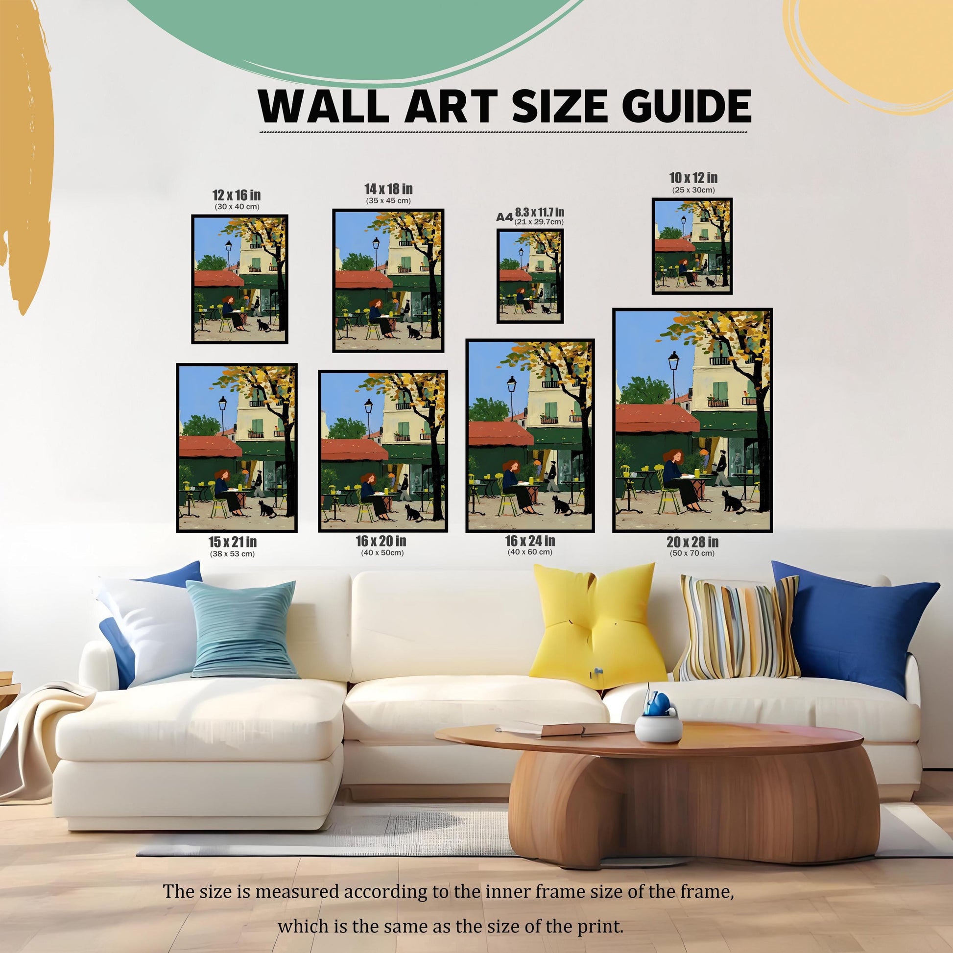 A size guide showing different dimensions of the artwork print above a large white couch. Multiple framed images are displayed in various sizes (12x16 in, 14x18 in, A4, 10x12 in, 15x21 in, 16x20 in, 16x24 in, 20x28 in). Text at the bottom explains that the size is measured by the inner frame size.