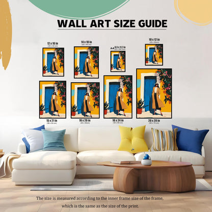 A size guide for the wall art. The same art print is shown in various sizes, from 8.3 x 11.7 inches (A4) to 20 x 28 inches, arranged on a wall above a white sofa with colorful pillows to provide a sense of scale. Text at the bottom explains that the size is measured by the inner frame and is the same as the print size.