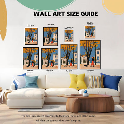 A wall art size guide showing seven different framed prints of a woman and a cat walking on a city street, with sizes ranging from 10x12 inches to 20x28 inches, arranged above a white sofa.