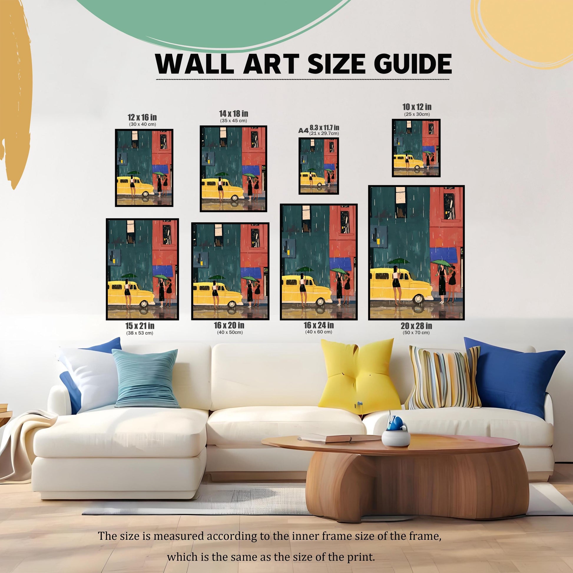 A wall art size guide showing various sizes of the same art print displayed above a white sofa. The art depicts a street scene with a yellow bus and three women with umbrellas in the rain. The guide labels the prints in sizes 12x16, 14x18, A4 (8.3x11.7), 10x12, 15x21, 16x20, 16x24, and 20x28 inches. Text below explains that the size refers to the inner frame size and the print size.