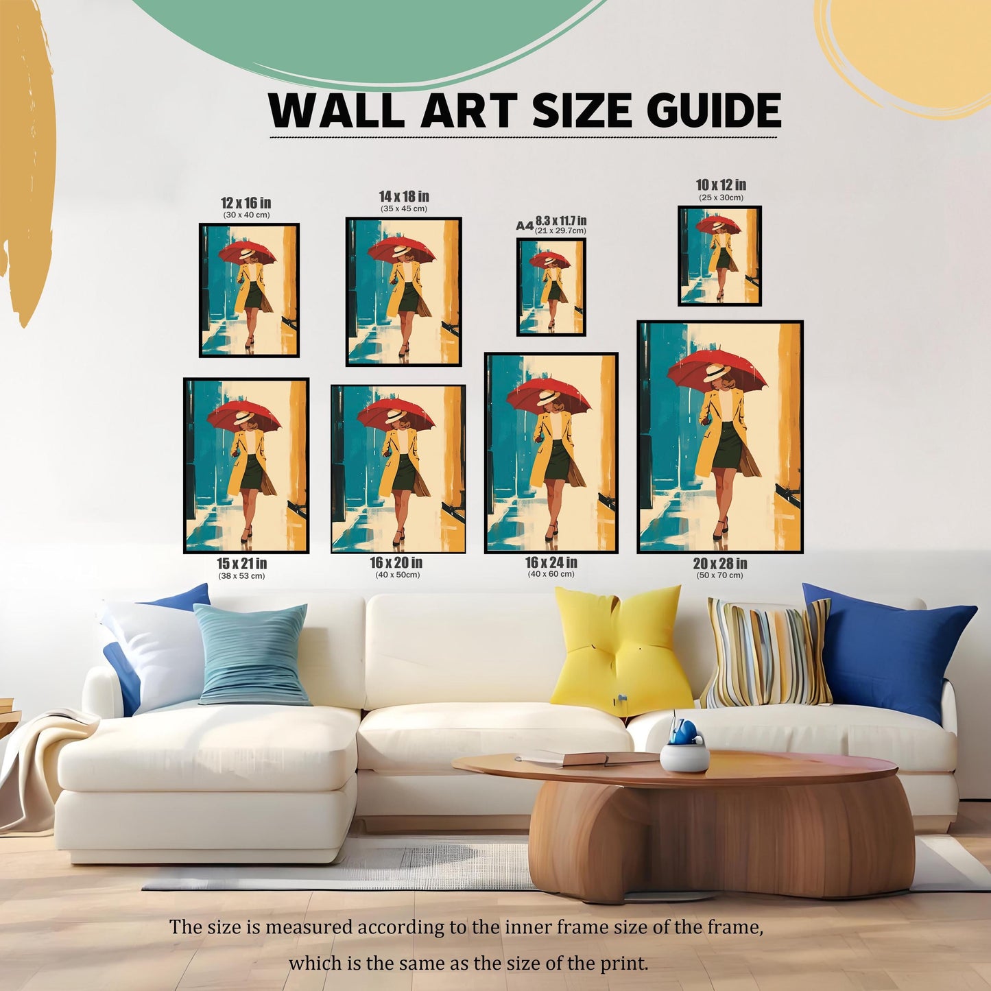 A size guide showing different dimensions of the artwork print above a large white couch. Multiple framed images are displayed in various sizes (12x16 in, 14x18 in, A4, 10x12 in, 15x21 in, 16x20 in, 16x24 in, 20x28 in). Text at the bottom explains that the size is measured by the inner frame size.