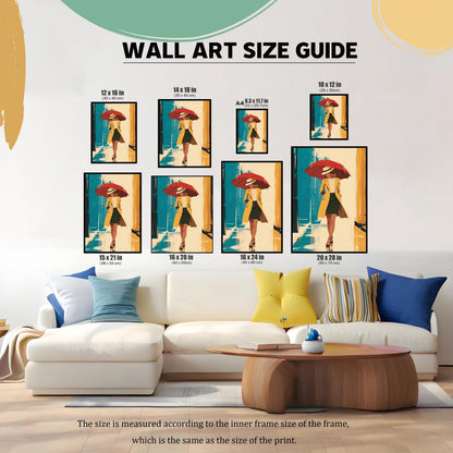 A size guide showing different dimensions of the artwork print above a large white couch. Multiple framed images are displayed in various sizes (12x16 in, 14x18 in, A4, 10x12 in, 15x21 in, 16x20 in, 16x24 in, 20x28 in). Text at the bottom explains that the size is measured by the inner frame size.