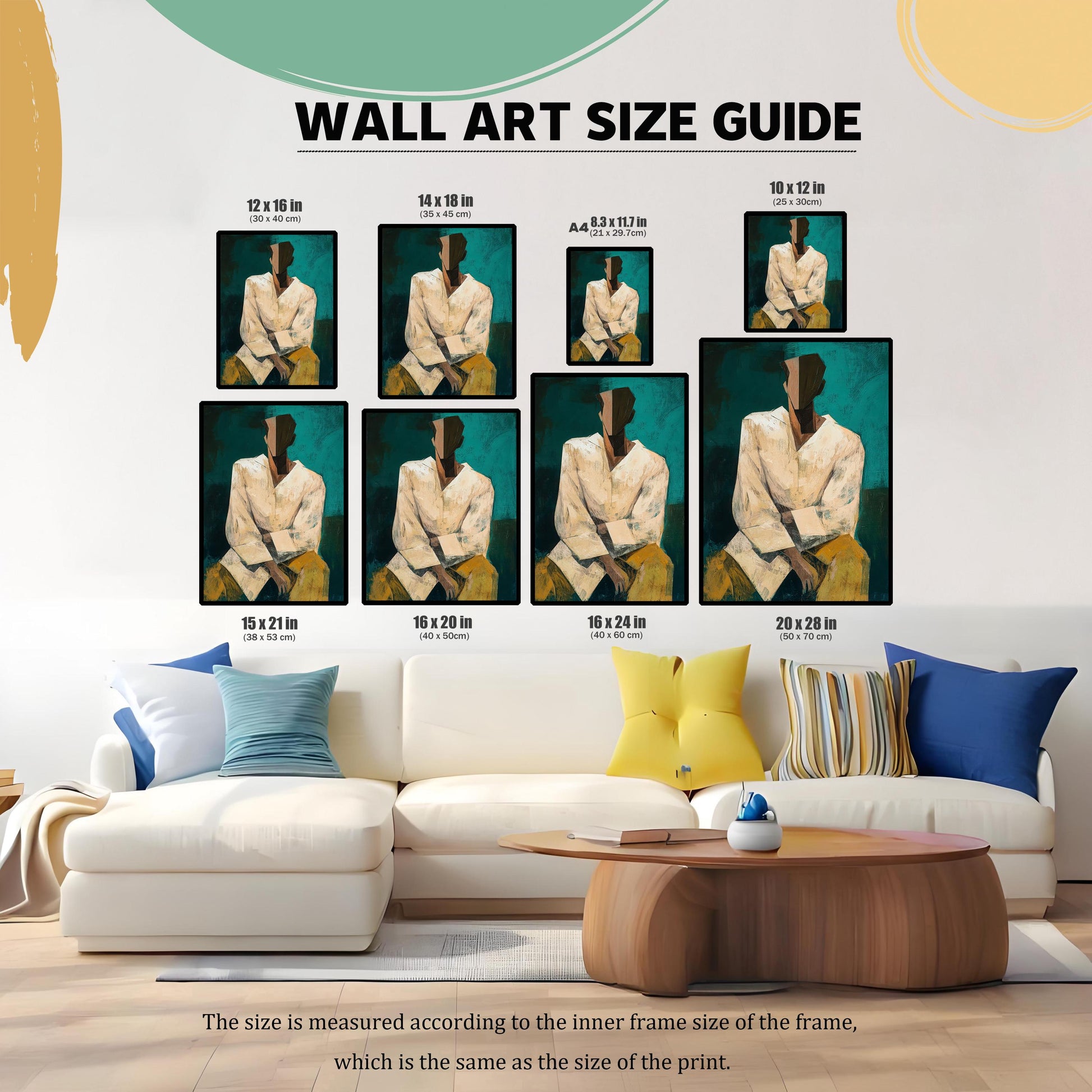 A wall art size guide showing nine different dimensions of a framed abstract portrait print displayed above a white sofa. Sizes include 12x16 in, 14x18 in, A4, 10x12 in, 15x21 in, 16x20 in, 16x24 in, and 20x28 in. The art features an abstract figure in a white shirt and yellow pants against a teal background.