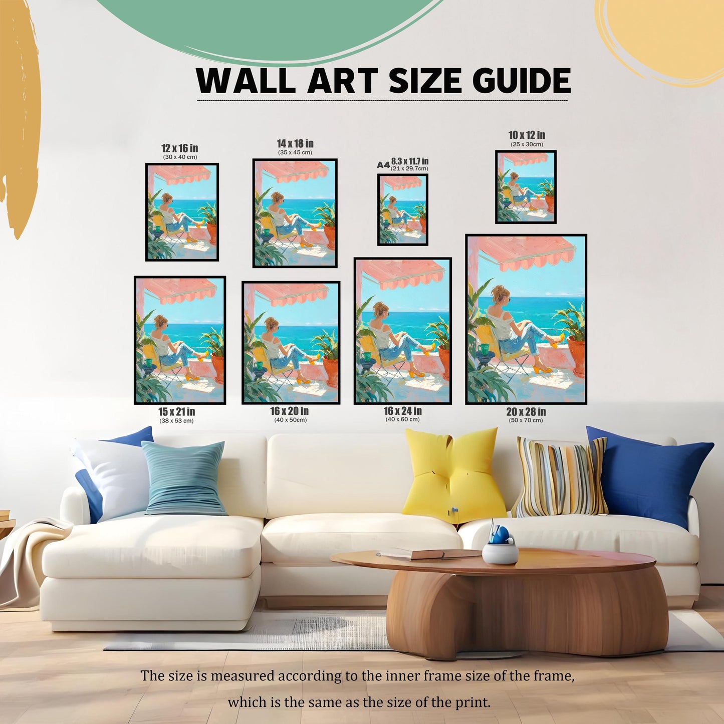 A size guide for a wall art print. It shows the same painting of a person relaxing on a balcony overlooking the sea, displayed in various sizes to demonstrate how they would look on a wall above a sofa. The sizes listed are 10x12 inches, 12x16 inches, 14x18 inches, 15x21 inches, 16x20 inches, 16x24 inches, 20x28 inches, and an A4 size (8.3x11.7 inches).