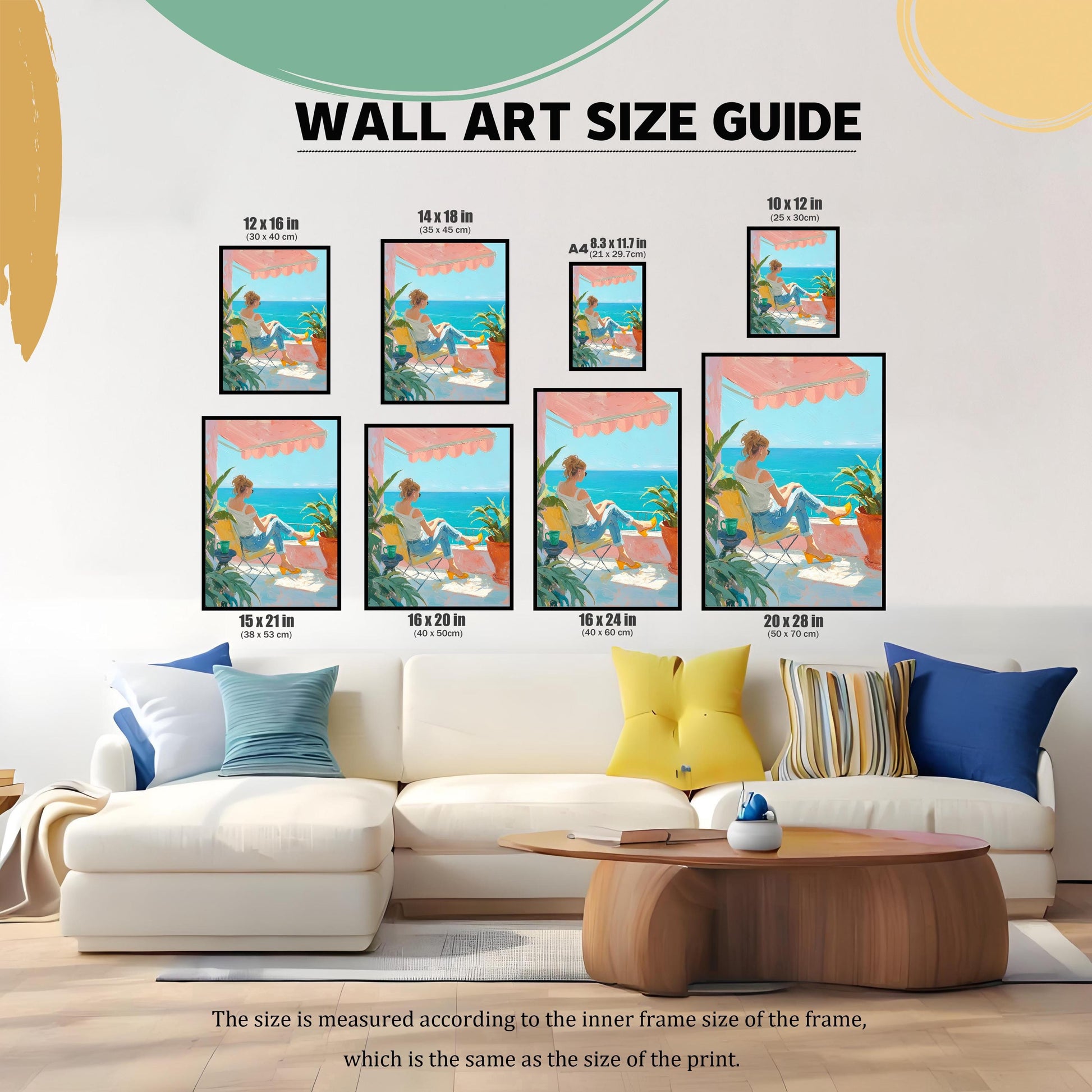 A size guide for a wall art print. It shows the same painting of a person relaxing on a balcony overlooking the sea, displayed in various sizes to demonstrate how they would look on a wall above a sofa. The sizes listed are 10x12 inches, 12x16 inches, 14x18 inches, 15x21 inches, 16x20 inches, 16x24 inches, 20x28 inches, and an A4 size (8.3x11.7 inches).