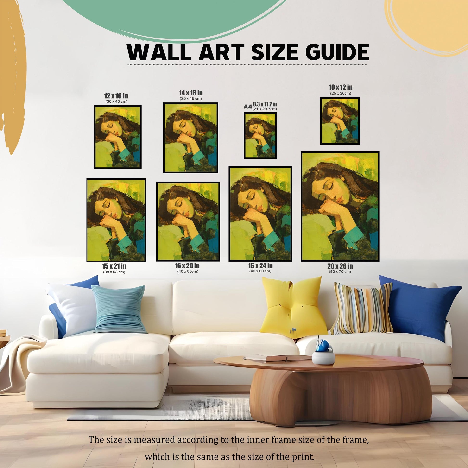 A size guide for a wall art print. It shows the same painting of a sleeping woman displayed in various sizes to demonstrate how they would look on a wall above a sofa. The sizes listed are 10x12 inches, 12x16 inches, 14x18 inches, 15x21 inches, 16x20 inches, 16x24 inches, 20x28 inches, and an A4 size (8.3x11.7 inches).