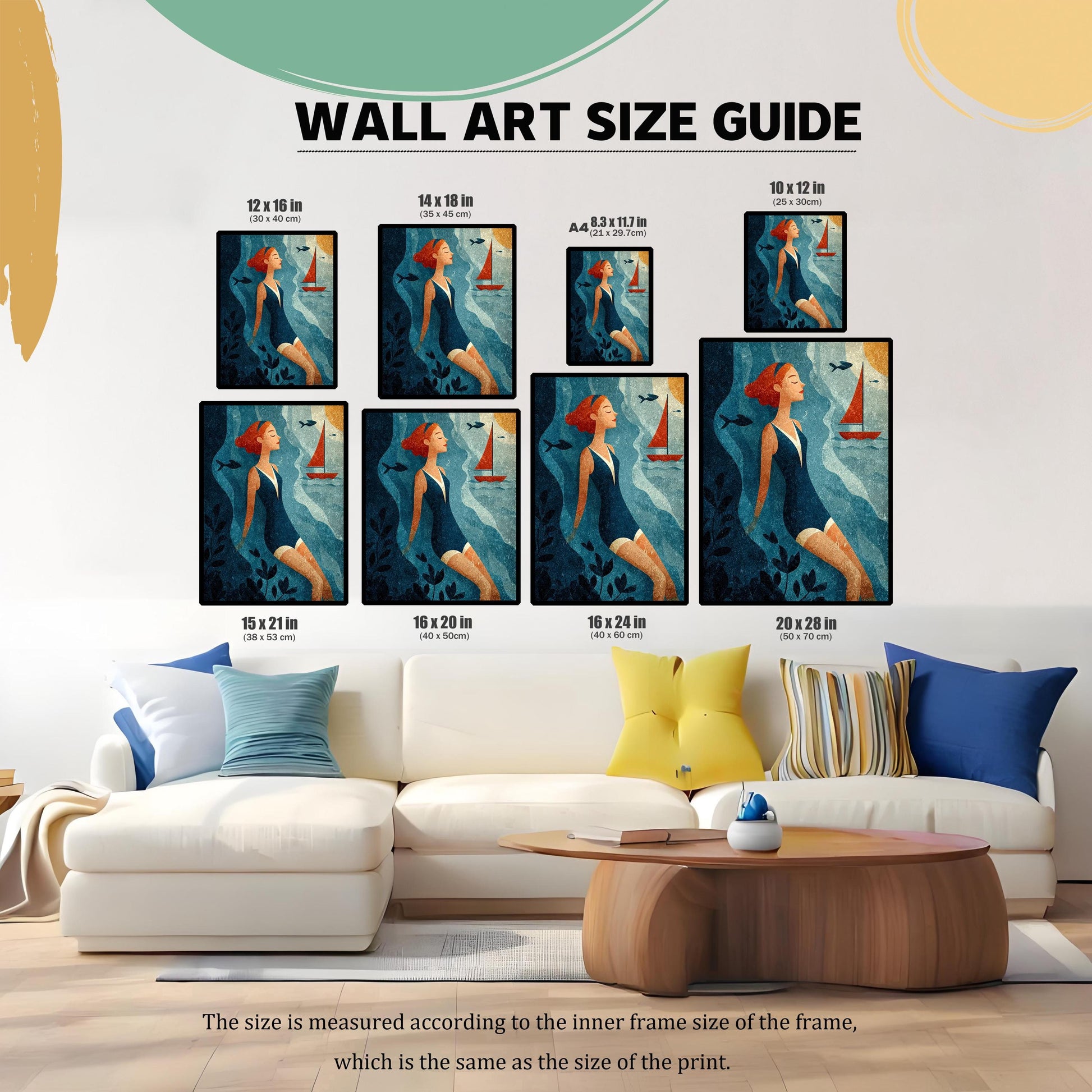 A WALL ART SIZE GUIDE graphic showing eight different size prints (12x16, 14x18, A4, 10x12, 15x21, 16x20, 16x24, 20x28 inches) featuring the swimmer print, displayed above a large white sectional couch with colorful pillows, illustrating scale.