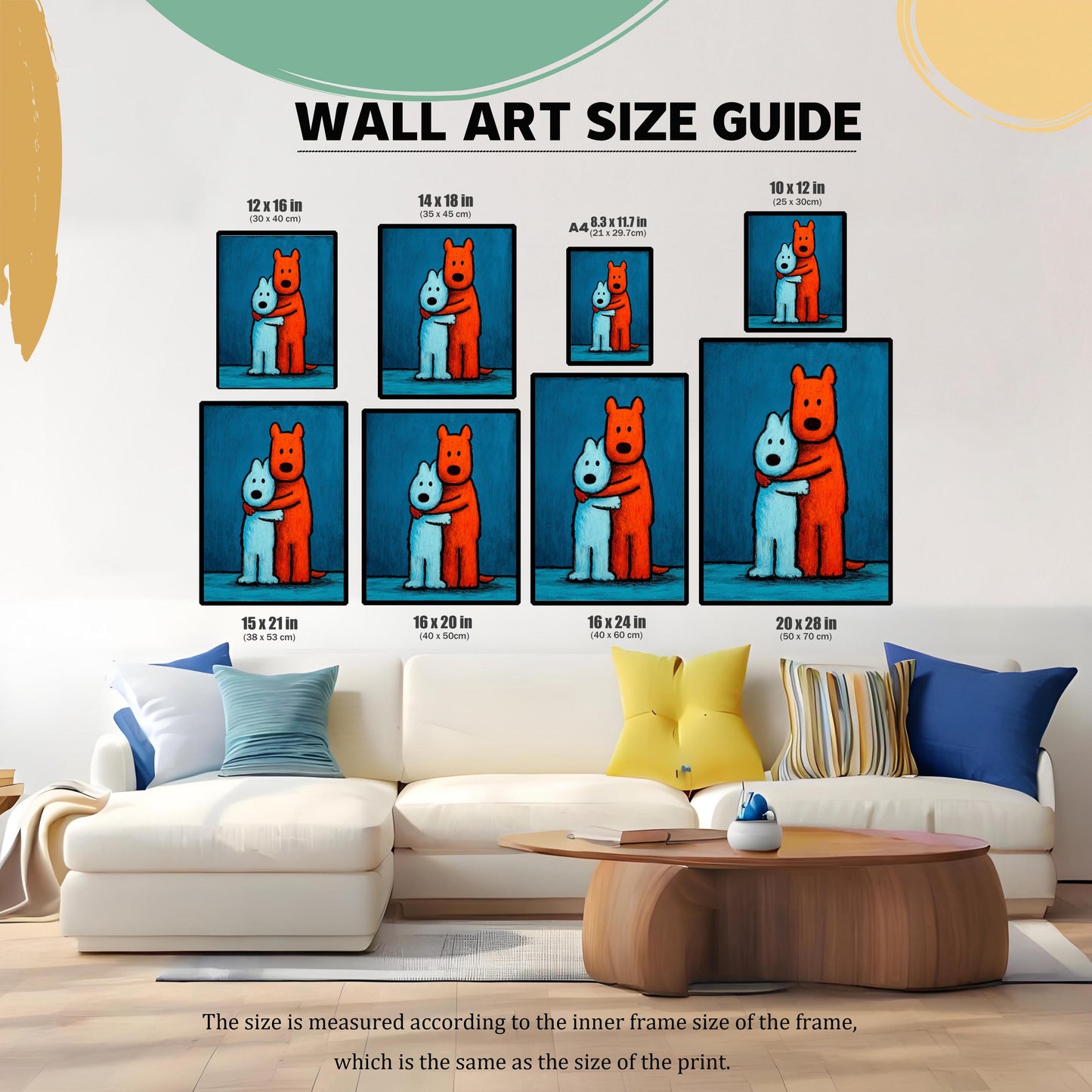Wall Art Size Guide graphic showing eight different size options (12x16 in to 20x28 in) for the hugging dogs art print, displayed above a large white sectional couch.