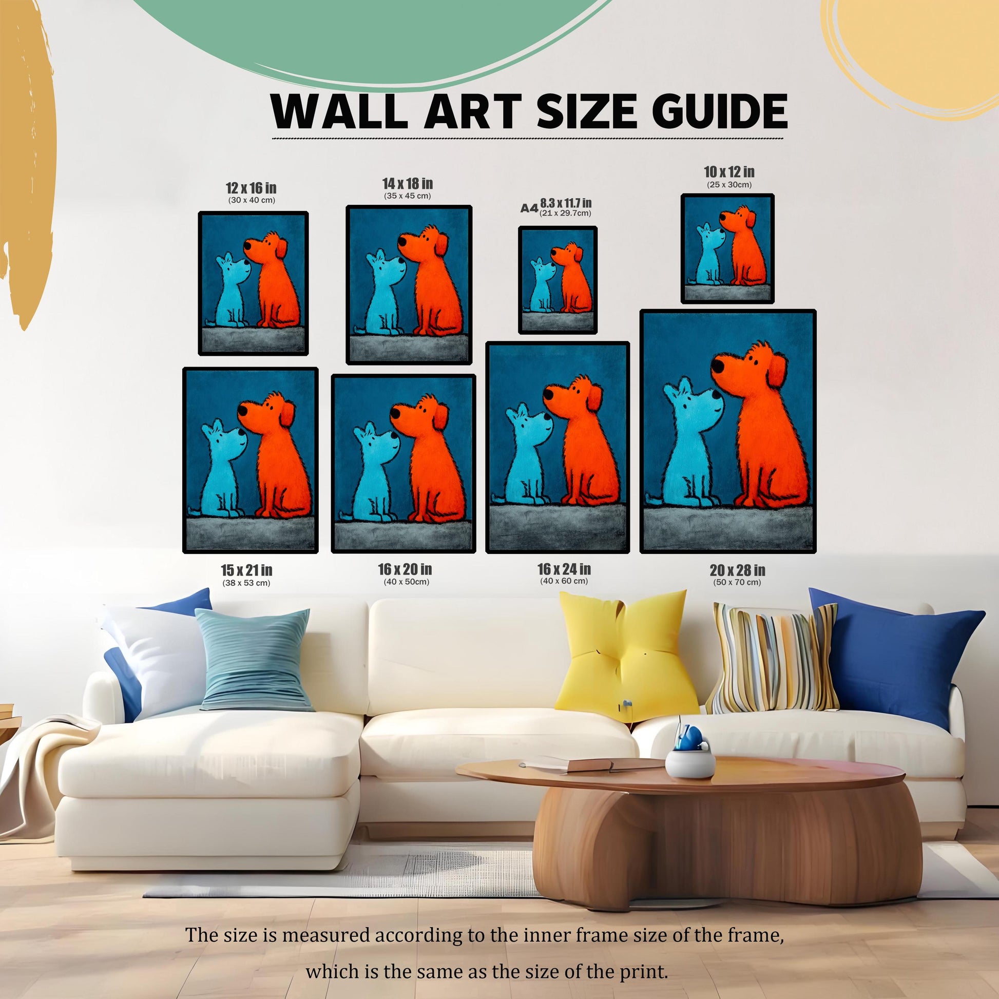 Wall Art Size Guide graphic showing eight different framed sizes of the blue and orange dog print over a white sofa, including 12×16in, 14×18in, A4, 10×12in, 15×21in, 16×20in, 16×24in, and 20×28in.
