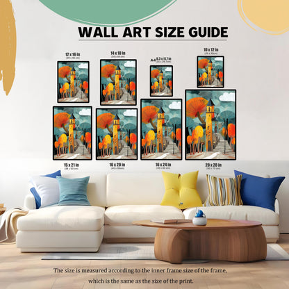 WALL ART SIZE GUIDE: The whimsical mushroom house art is displayed in multiple frame sizes over a white couch and coffee table. Sizes include 10x12, 12x16, 14x18, A4, 15x21, 16x20, 16x24, and 20x28 inches.