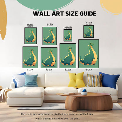 A wall art size guide showing various frame and print sizes (12x16, 14x18, A4, 10x12, 15x21, 16x20, 16x24, 20x28 inches) and their corresponding centimeters. Prints feature a cute green and yellow brontosaurus dinosaur, displayed above a white couch.