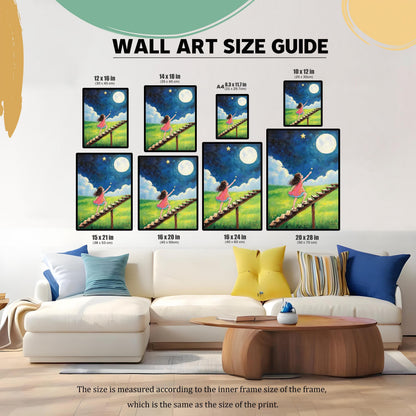 A "Wall Art Size Guide" showing a painting of a girl climbing a ladder in various sizes arranged on a wall above a couch.