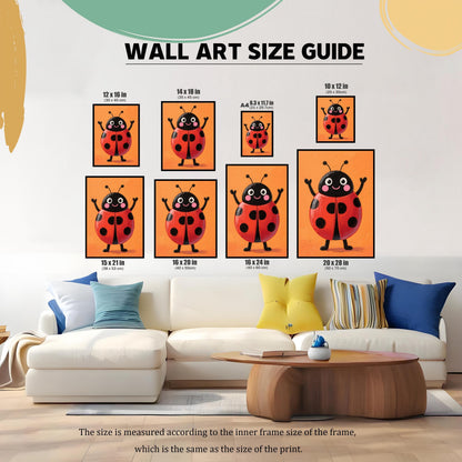 A "WALL ART SIZE GUIDE" showing various sizes of the ladybug art print, displayed on a living room wall above a white couch. The sizes are shown in both inches and centimeters, including 12x16, 14x18, 8.3x11.7 (A4), 10x12, 15x21, 16x20, 16x24, and 20x28. The image description notes the size is measured by the inner frame and is the same as the print size.