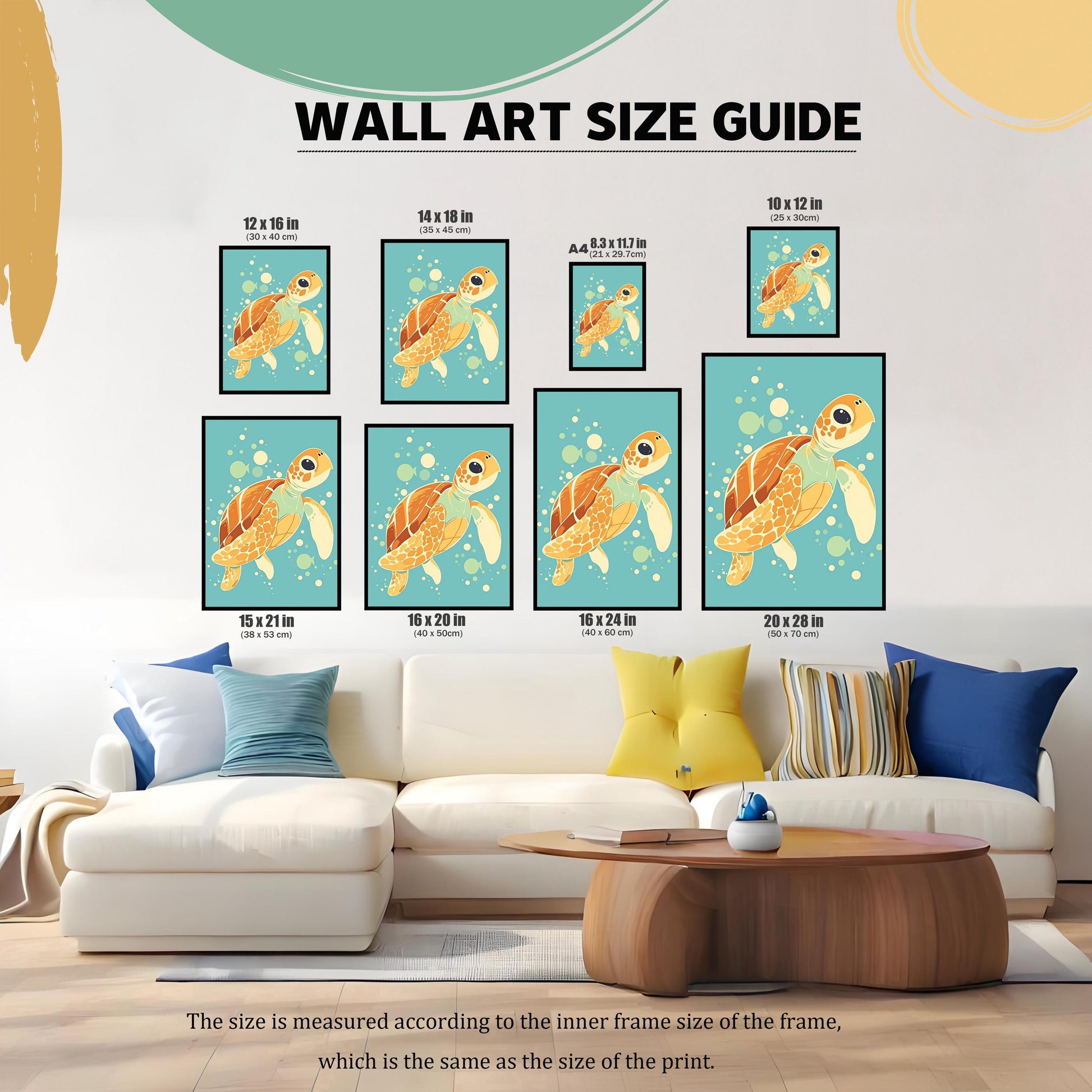 A size guide for wall art featuring a sea turtle. Different sizes are shown above a couch to help visualize proportions. The text "WALL ART SIZE GUIDE" is at the top.