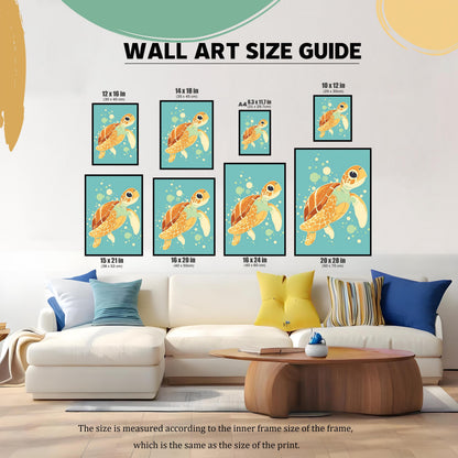 A size guide for wall art featuring a sea turtle. Different sizes are shown above a couch to help visualize proportions. The text "WALL ART SIZE GUIDE" is at the top.