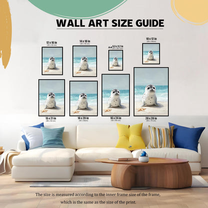 A wall art size guide displays the baby seal print in various sizes, ranging from 8.3x11.7 inches (A4) to 20x28 inches. The prints are arranged over a white sofa with pillows to help visualize the different dimensions.
