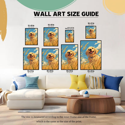 A comprehensive size guide for the golden retriever wall art prints. The image displays the print in various sizes (10x12, 12x16, 14x18, 15x21, 16x20, 16x24, and 20x28 inches) above a living room sofa, helping customers visualize the correct dimensions for their space.