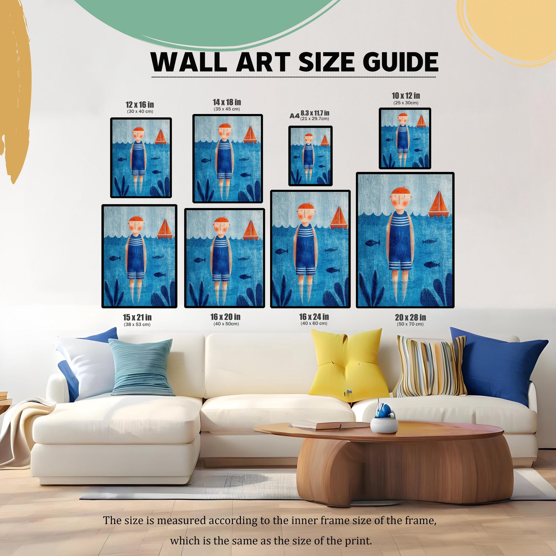 A wall art size guide showing nine different dimensions of a framed blue and orange nautical print displayed above a white sofa. Sizes include 12x16 in, 14x18 in, A4, 10x12 in, 15x21 in, 16x20 in, 16x24 in, and 20x28 in.