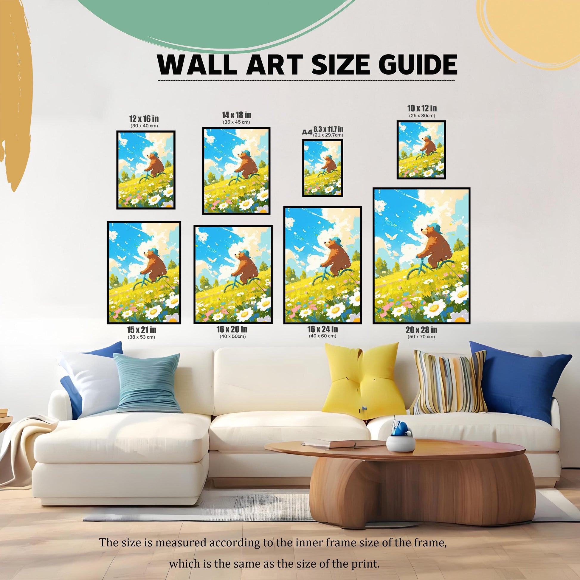A visual guide to the available sizes of the art prints. The image shows the framed bear art in various sizes (12x16, 14x18, 8.3x11.7, 10x12, 15x21, 16x20, 16x24, and 20x28 inches) displayed on a wall above a white couch and coffee table. This image helps customers visualize the different dimensions in a home setting.