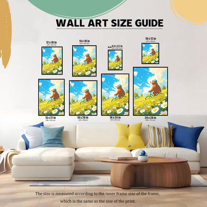 A visual guide to the available sizes of the art prints. The image shows the framed bear art in various sizes (12x16, 14x18, 8.3x11.7, 10x12, 15x21, 16x20, 16x24, and 20x28 inches) displayed on a wall above a white couch and coffee table. This image helps customers visualize the different dimensions in a home setting.