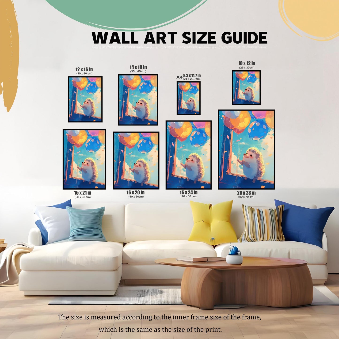 A visual size guide for wall art prints, showing different dimensions on a white couch with colorful pillows. The available sizes include 12x16, 14x18, 8.3x11.7 (A4), 10x12, 15x21, 16x20, 16x24, and 20x28 inches. The text at the bottom explains that the size refers to the inner frame and print size.