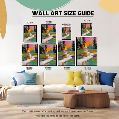 Wall Art Size Guide graphic showing eight different size options (12x16 in to 20x28 in) for the abstract colorful landscape print, displayed above a large white sectional couch.