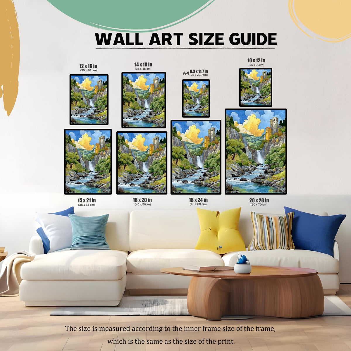 Wall Art Size Guide image showing 8 different framed sizes of the mountain landscape print displayed above a white sectional sofa. Sizes include 12x16, 14x18, A4, 10x12, 15x21, 16x20, 16x24, and 20x28 inches.