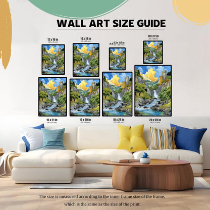 Wall Art Size Guide image showing 8 different framed sizes of the mountain landscape print displayed above a white sectional sofa. Sizes include 12x16, 14x18, A4, 10x12, 15x21, 16x20, 16x24, and 20x28 inches.