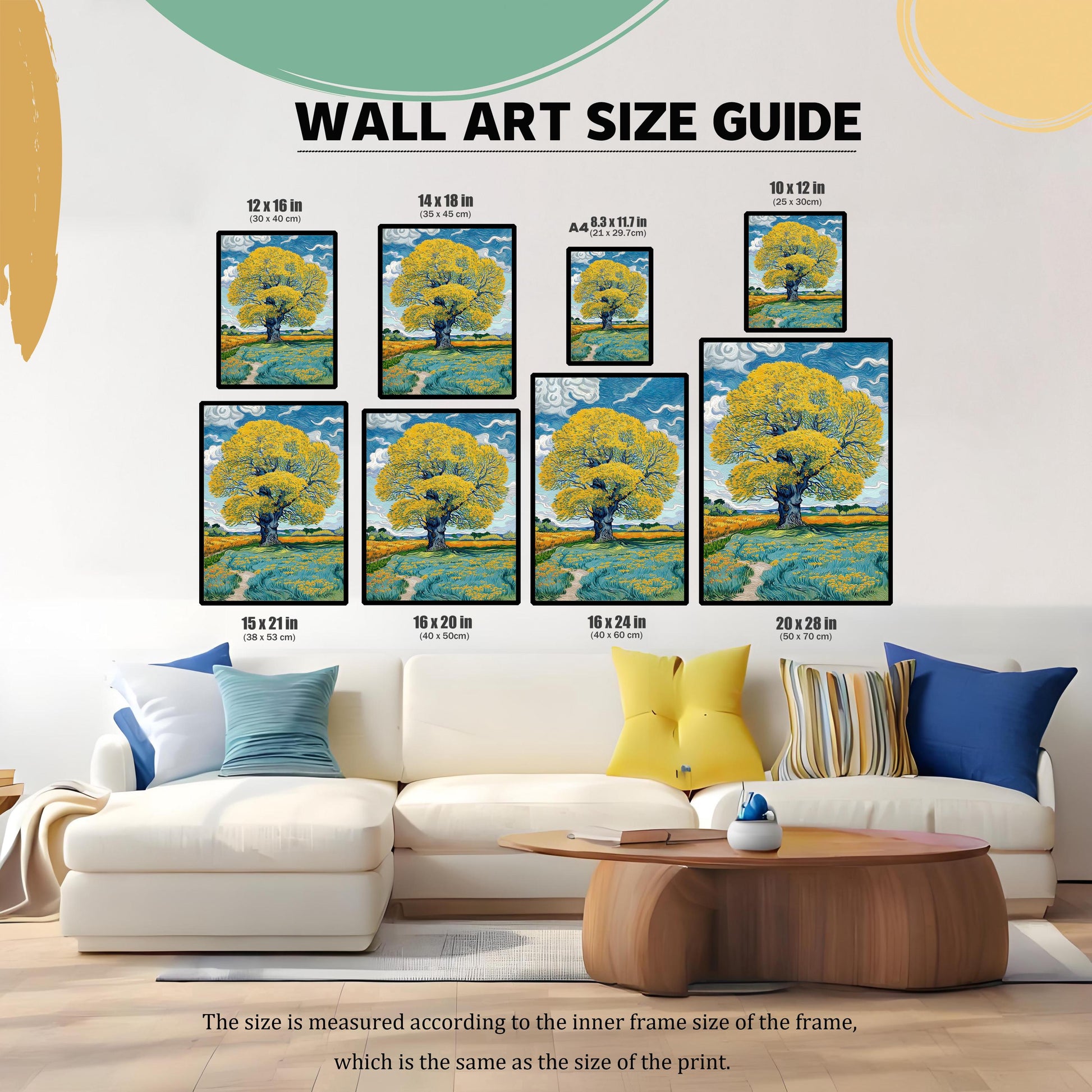 A Wall Art Size Guide showing the print of the yellow tree in various sizes (e.g., 12x16 in, 16x20 in, A4) positioned over a large white sofa to illustrate scale.