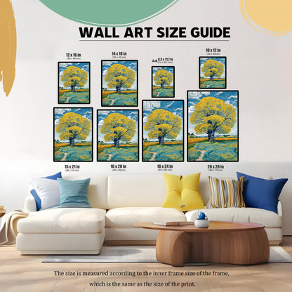 A Wall Art Size Guide showing the print of the yellow tree in various sizes (e.g., 12x16 in, 16x20 in, A4) positioned over a large white sofa to illustrate scale.