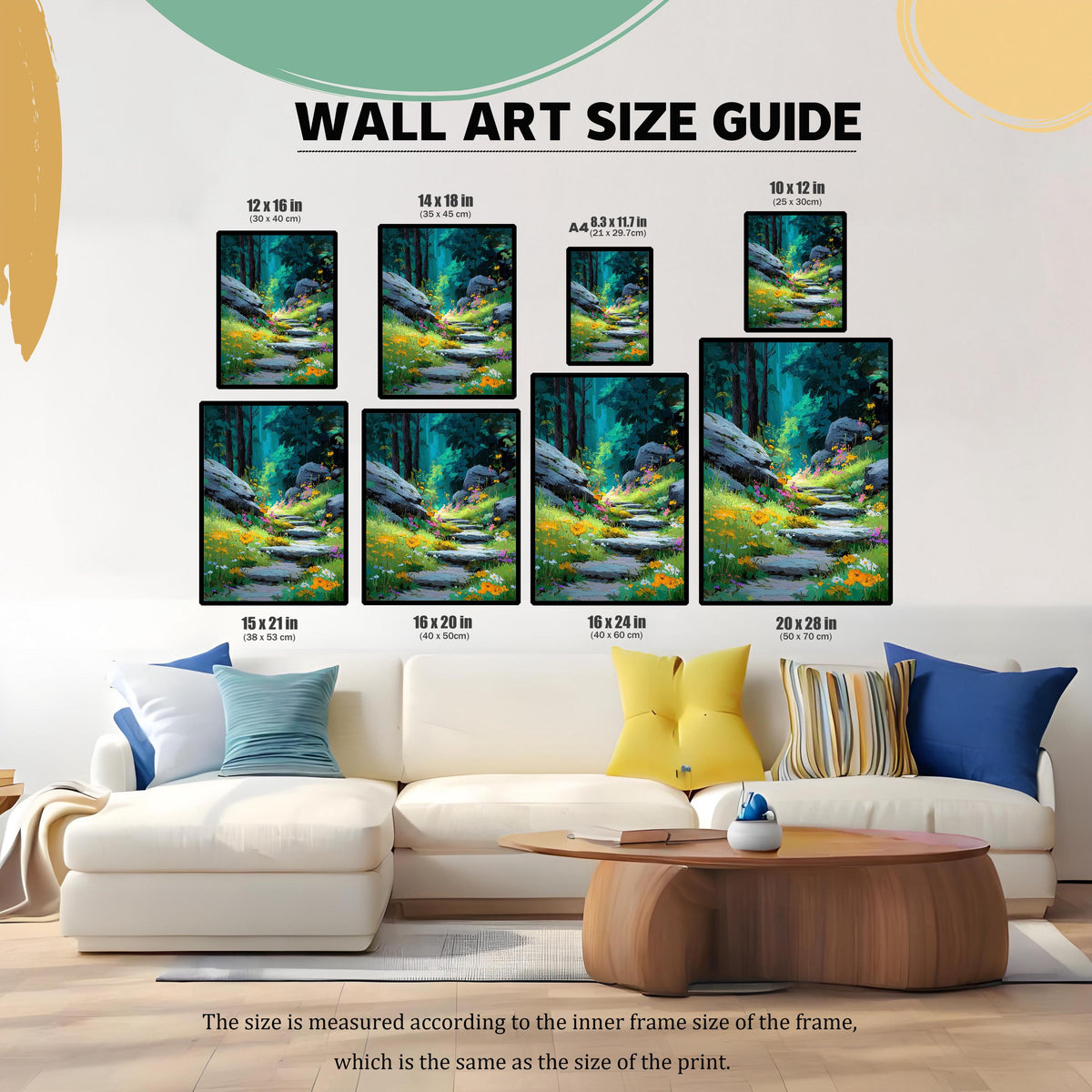 A Wall Art Size Guide showing the forest path print in various sizes (e.g., 12x16 in, 16x20 in, A4) positioned over a large white sofa to illustrate scale.