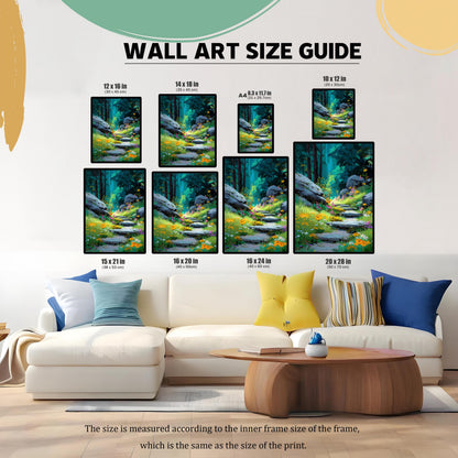 A Wall Art Size Guide showing the forest path print in various sizes (e.g., 12x16 in, 16x20 in, A4) positioned over a large white sofa to illustrate scale.