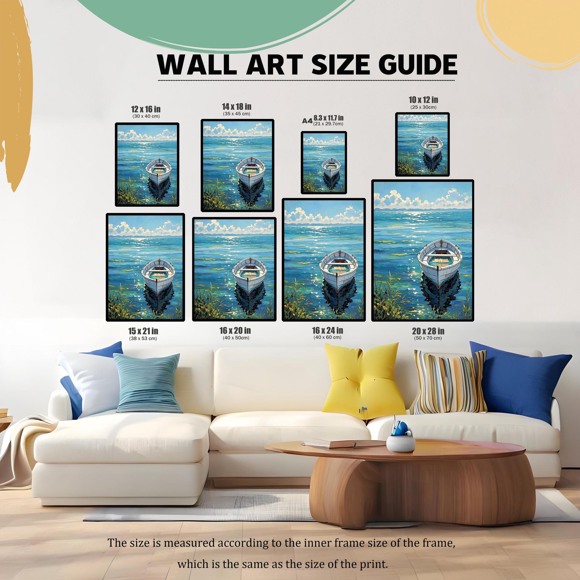 Wall Art Size Guide graphic showing eight different size options of the boat art print on a wall above a large white couch. Sizes include 12×16 in, 14×18 in, 10×12 in, 15×21 in, 16×20 in, 16×24 in, and 20×28 in.