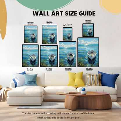 Wall Art Size Guide graphic showing eight different size options of the boat art print on a wall above a large white couch. Sizes include 12×16 in, 14×18 in, 10×12 in, 15×21 in, 16×20 in, 16×24 in, and 20×28 in.