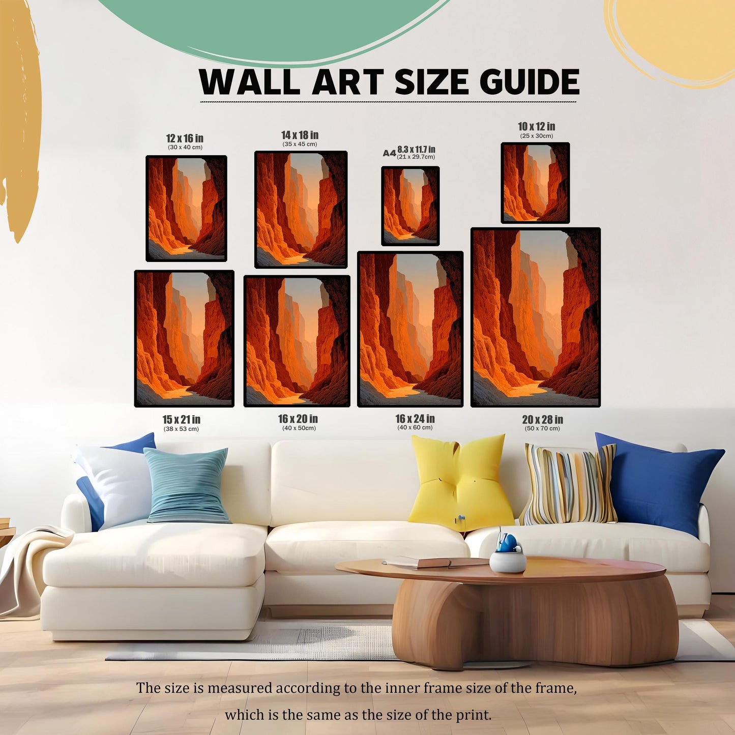 WALL ART SIZE GUIDE graphic showing the print of the red-orange canyon in various sizes (12x16, 14x18, A4, 10x12, 15x21, 16x20, 16x24, 20x28 inches) displayed above a white couch, helping customers visualize the scale.