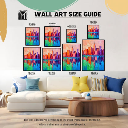 A "WALL ART SIZE GUIDE" graphic shows the colorful skyline print in eight different sizes (e.g., 12x16 in, 20x28 in) arranged above a large white sectional sofa.