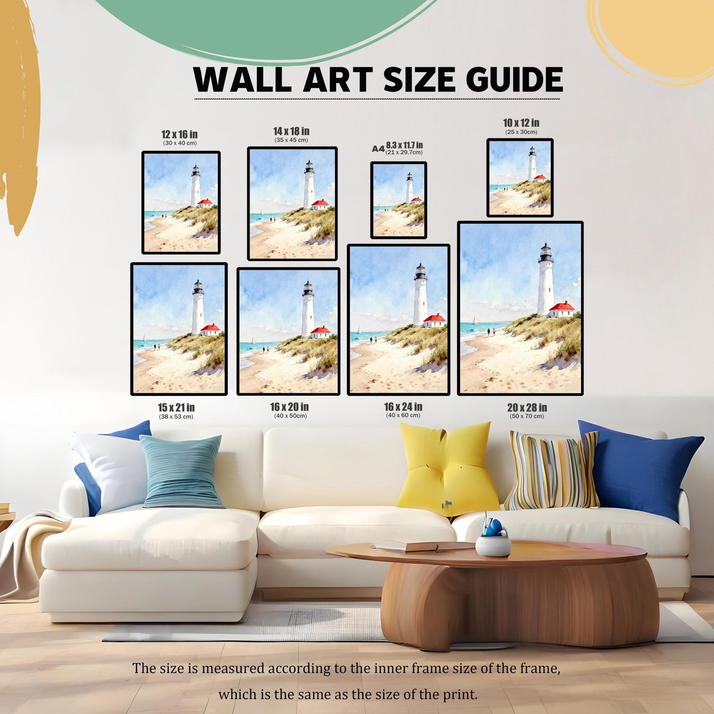 Wall Art Size Guide graphic. The lighthouse art print is shown in eight different sizes: 12x16, 14x18, A4 (8.3x11.7), 10x12, 15x21, 16x20, 16x24, and 20x28 inches. The prints are displayed above a couch to show a scale comparison.