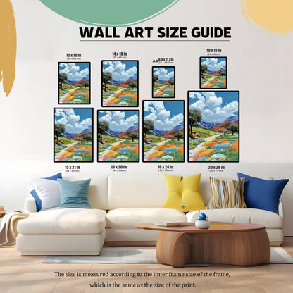 A Wall Art Size Guide graphic showing multiple frame sizes with the valley painting print, positioned above a white couch. Sizes include 12×16 in, 14×18 in, 8.3×11.7 in (A4), 10×12 in, 15×21 in, 16×20 in, 16×24 in, and 20×28 in.