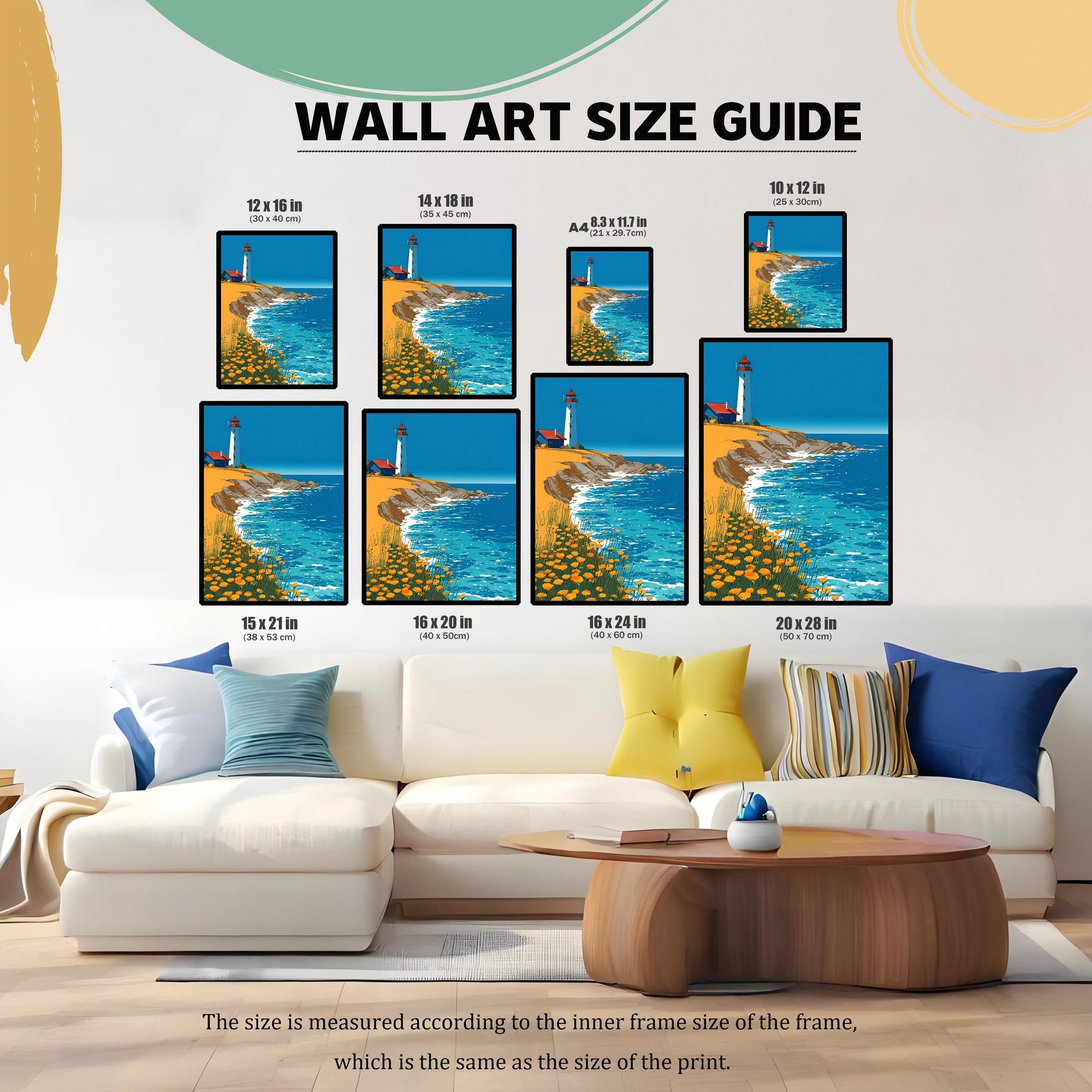 A WALL ART SIZE GUIDE image showing the lighthouse print in various sizes displayed above a white sectional sofa. The sizes listed are: 12×16 in, 14×18 in, A4 (8.3×11.7 in), 10×12 in, 15×21 in, 16×20 in, 16×24 in, and 20×28 in.
