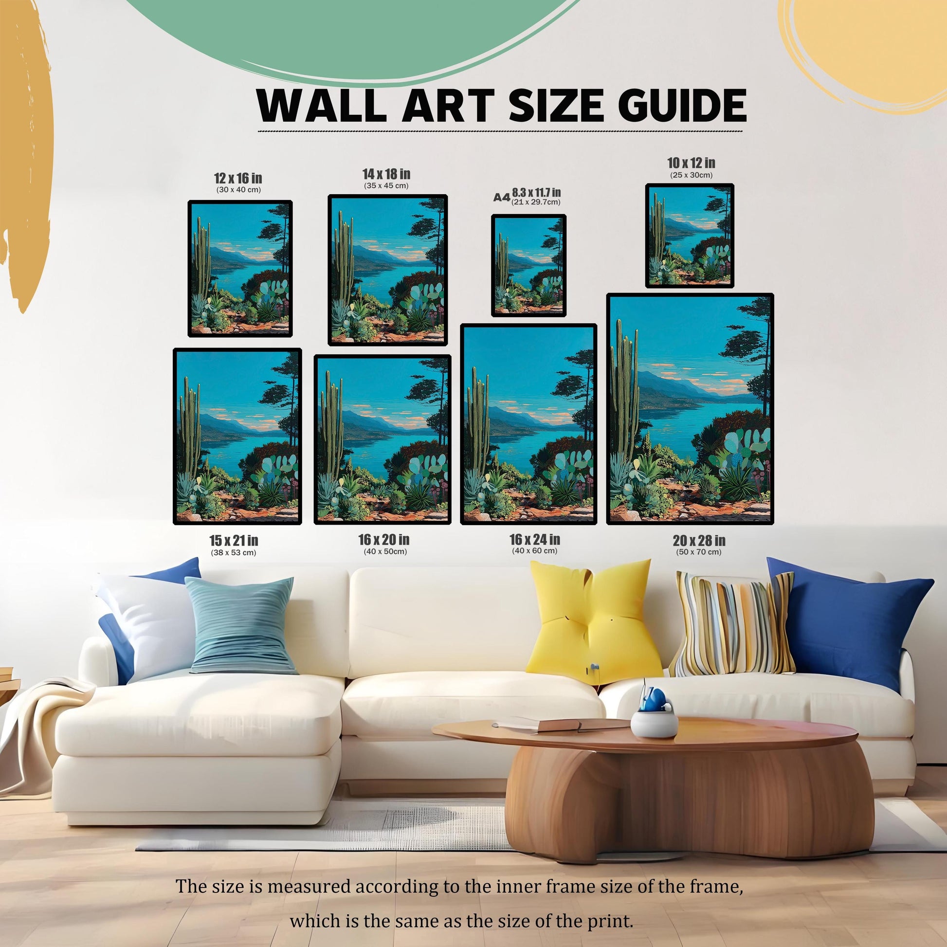 Wall Art Size Guide showing various frame sizes (e.g., 12×16 in, 16×20 in, 20×28 in) as they would look hung over a large, white sofa and coffee table in a living room.