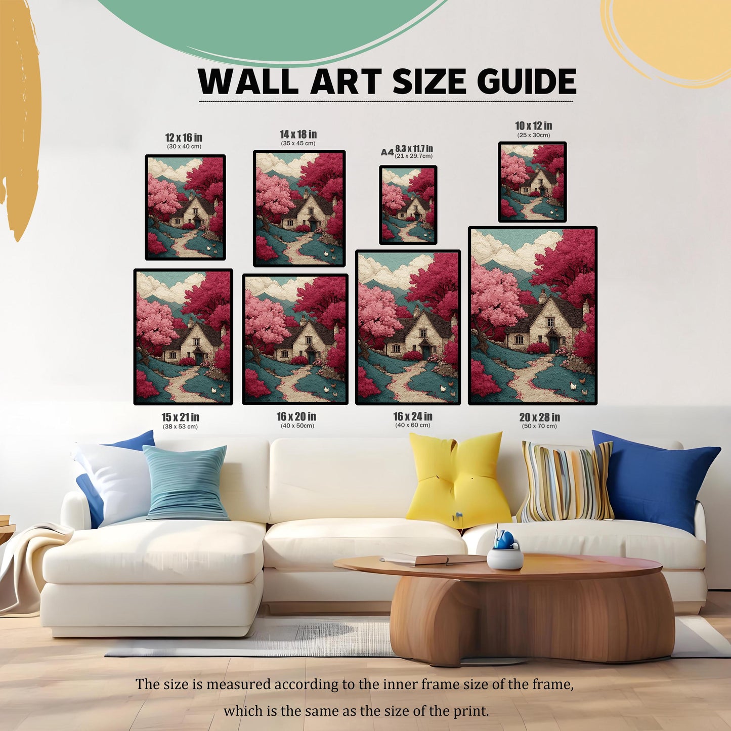 A wall art size guide showing various frame sizes, from 8.3x11.7 inches to 20x28 inches, displayed above a white couch to demonstrate different proportions in a room.