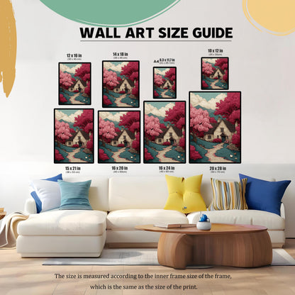 A wall art size guide showing various frame sizes, from 8.3x11.7 inches to 20x28 inches, displayed above a white couch to demonstrate different proportions in a room.