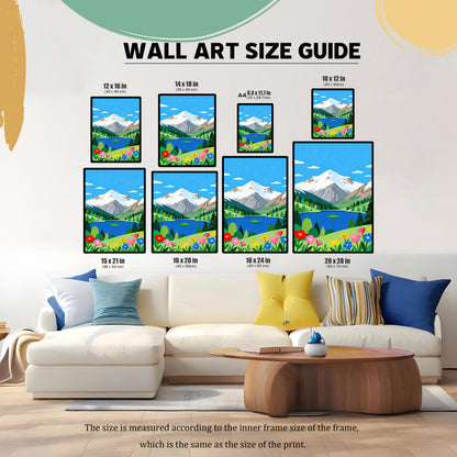 A wall art size guide showing the mountain lake print in various sizes arranged as a gallery wall over a white sectional couch.