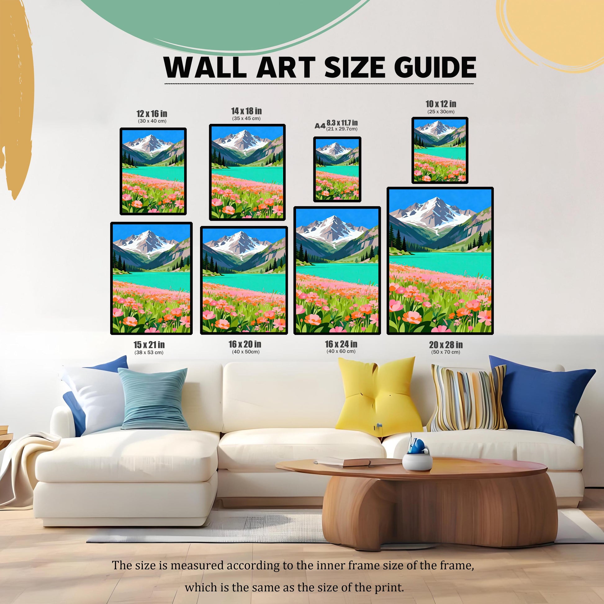 A collage of the mountain and lake painting in various sizes arranged over a picture of a living room sofa, illustrating a "Wall Art Size Guide." Different print sizes are labeled in inches and centimeters.
