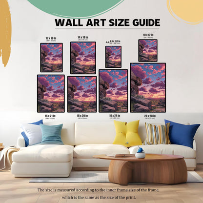 Wall Art Size Guide showing nine different print sizes for the sunset leopard artwork, displayed above a large white couch.