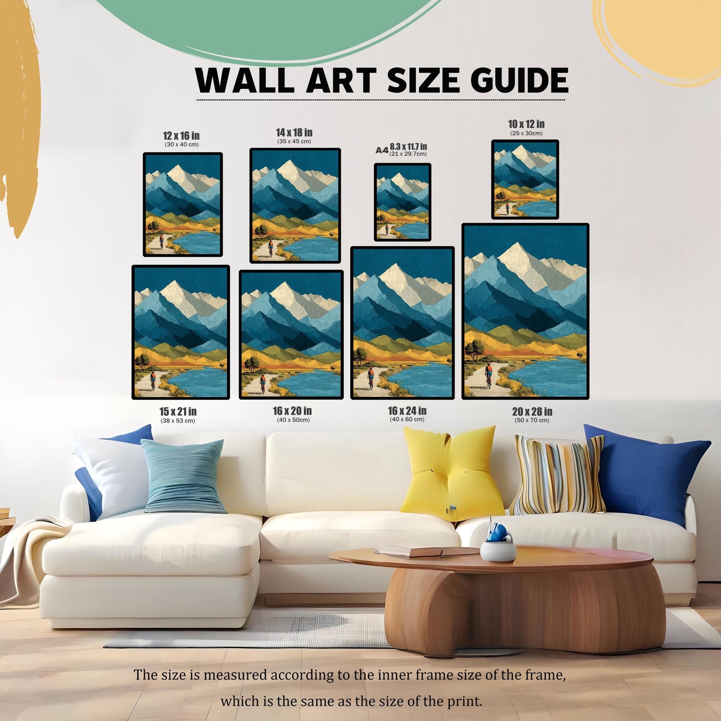 Wall art size guide showing various print dimensions (from 10x12 in to 20x28 in) arranged above a white modern sectional sofa to show scale.