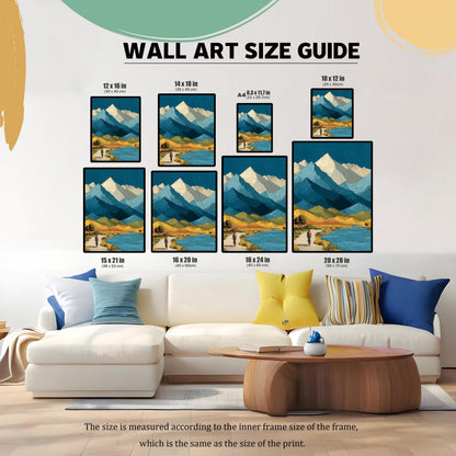 Wall art size guide showing various print dimensions (from 10x12 in to 20x28 in) arranged above a white modern sectional sofa to show scale.