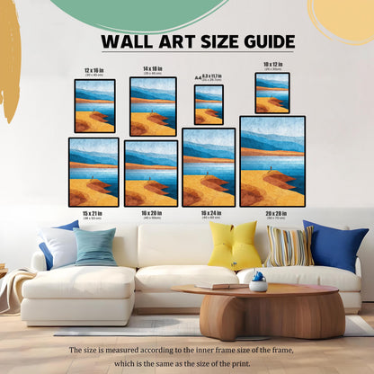 Wall art size guide infographic showing various dimensions from 10x12 inches to 20x28 inches displayed above a modern white sofa to show scale.